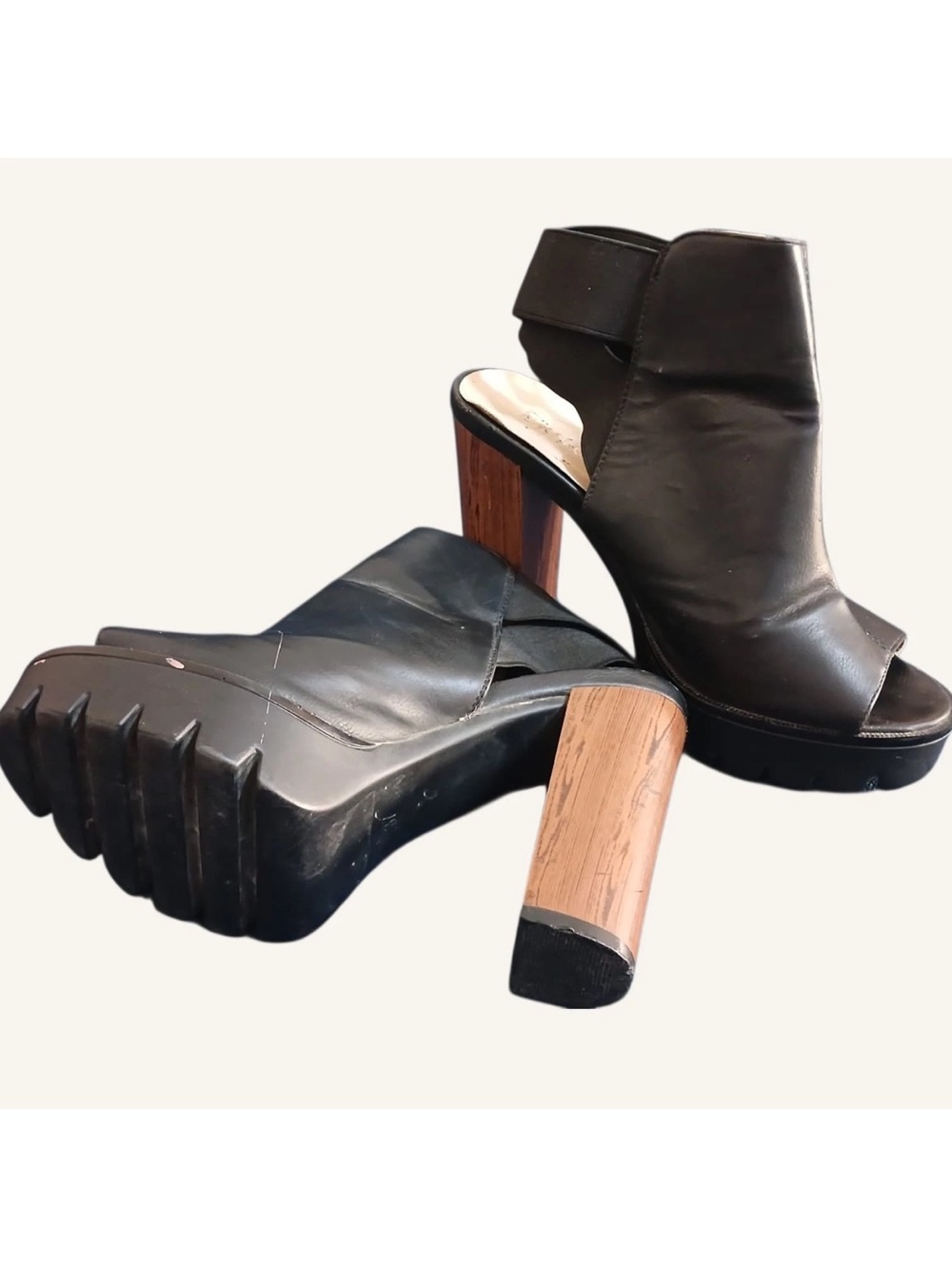 Vintage Style Women’s Black Open Toe Platform Heels Size EU 37 Chunky Wooden Hee